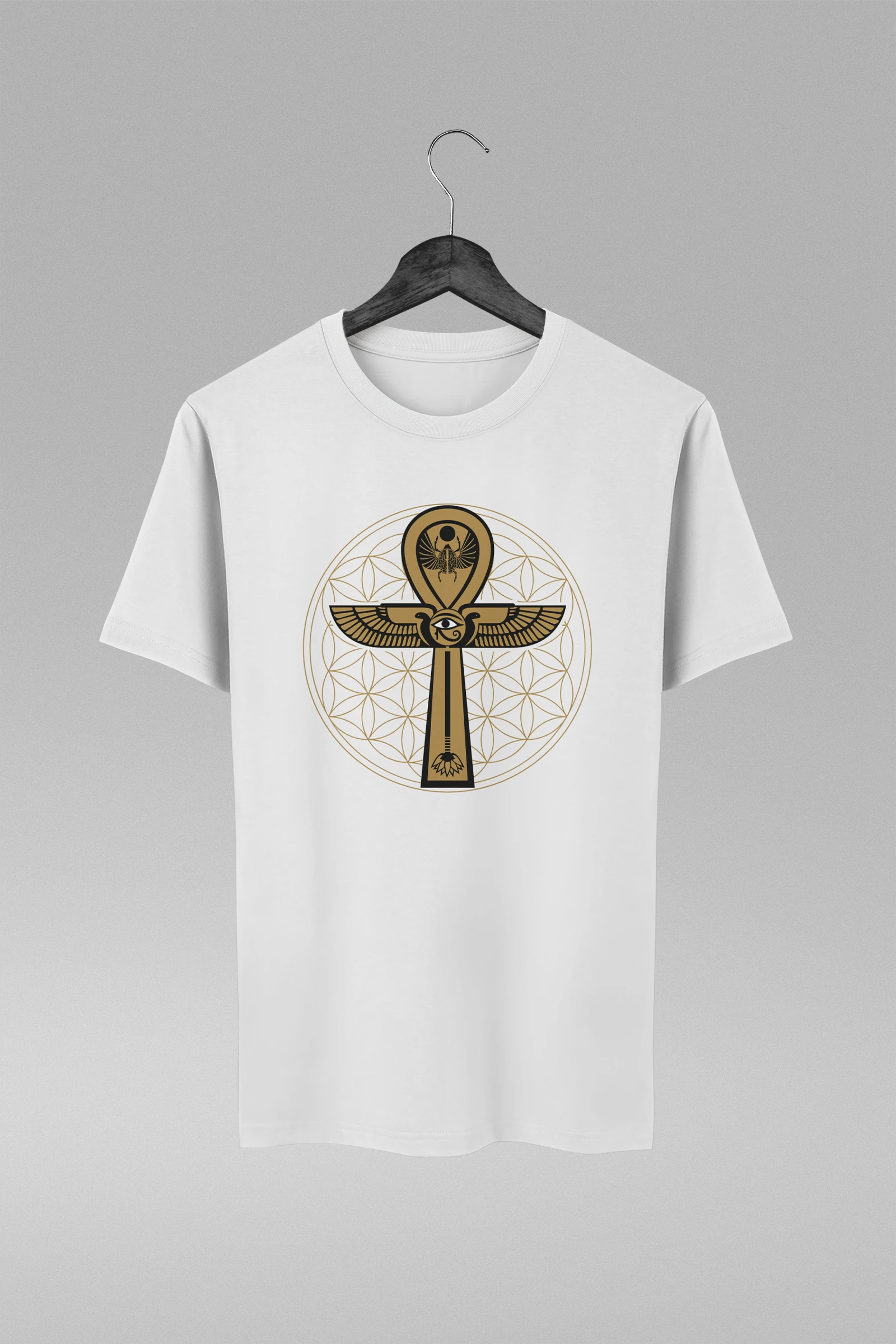 Camiseta branca com estampa da Ankh + Flor da Vida Geometria Sagrada