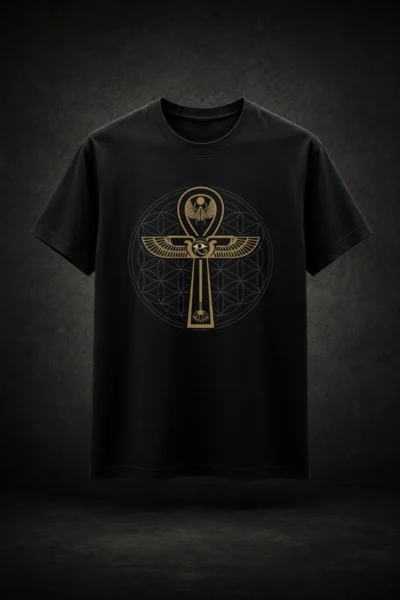 Camiseta preta com estampa da Ankh + Flor da Vida Geometria Sagrada