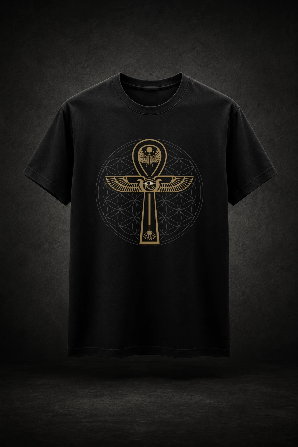 Camiseta preta com estampa da Ankh + Flor da Vida Geometria Sagrada