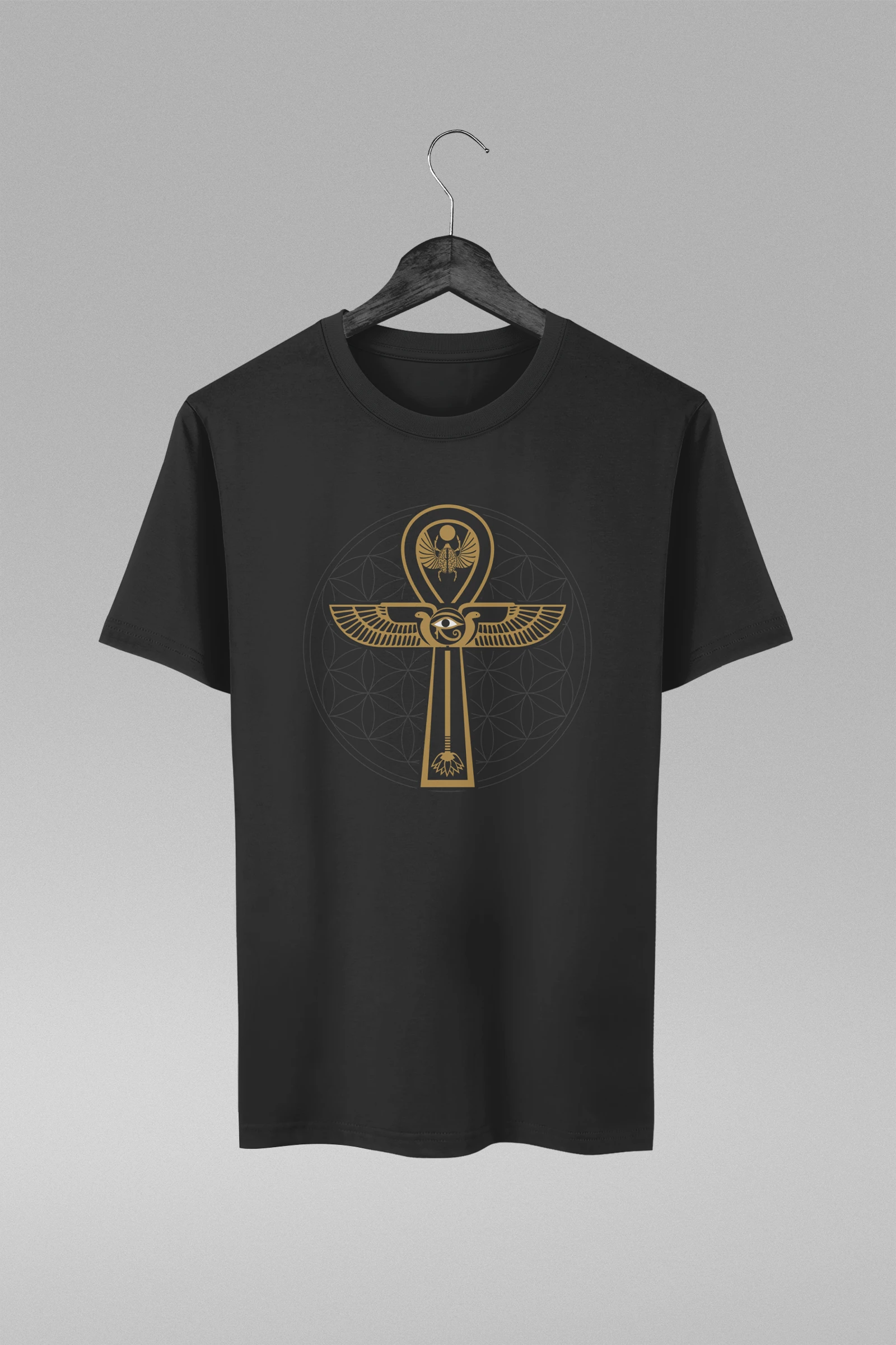 Camiseta preta com estampa da Ankh + Flor da Vida Geometria Sagrada