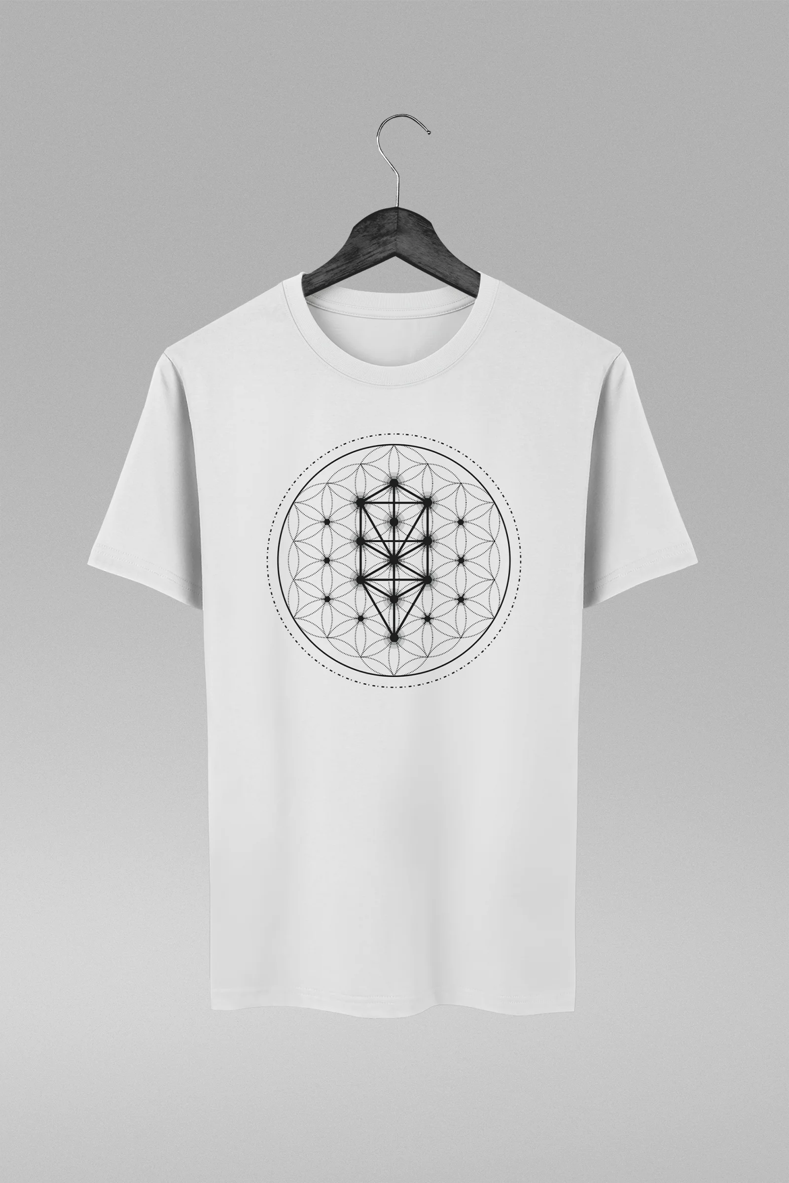 Camiseta branca com estampa da Árvore da Vida Geometria Sagrada