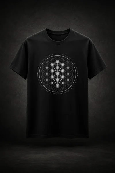 Camiseta preta com estampa da Árvore da Vida Geometria Sagrada