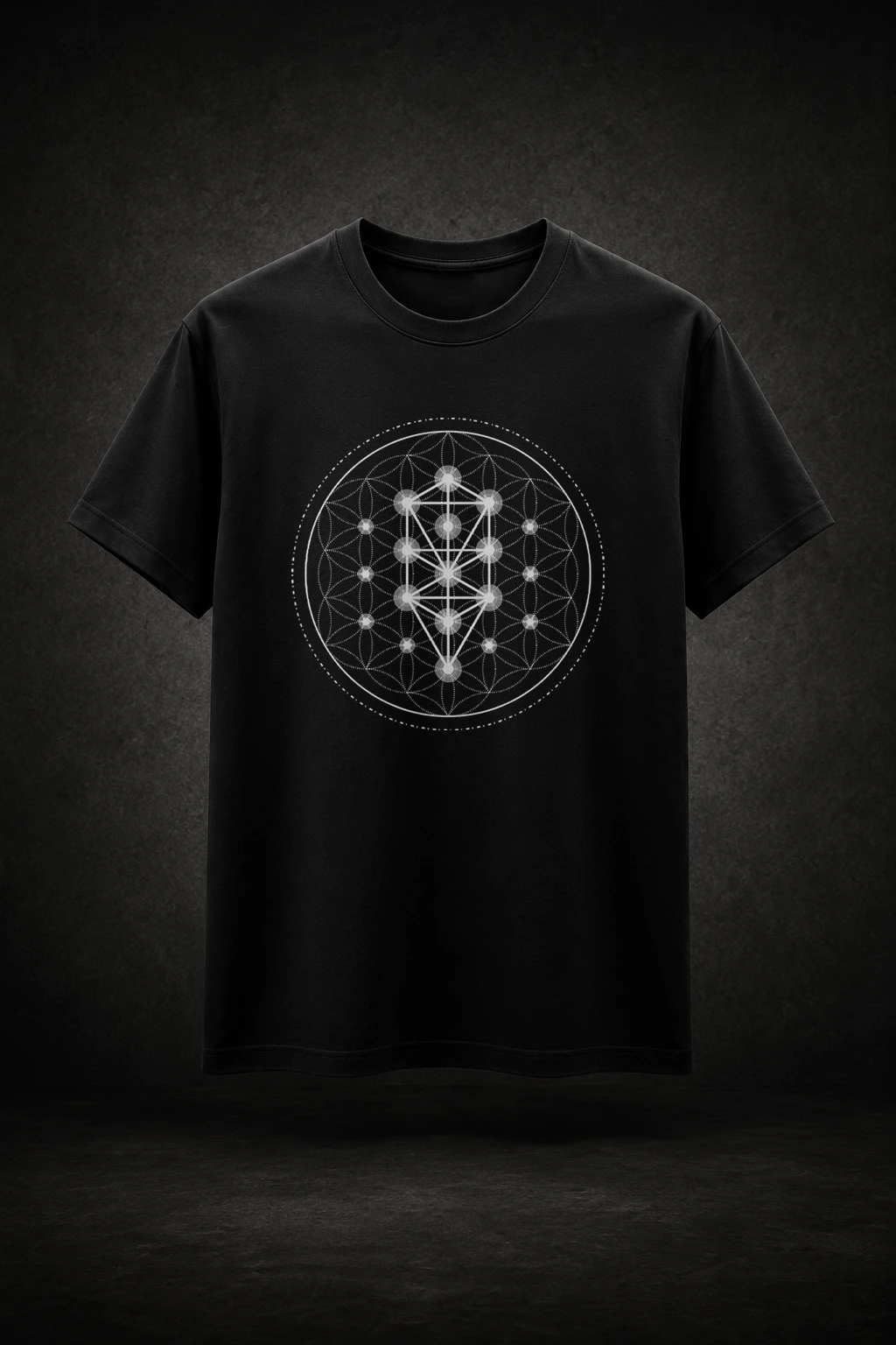 Camiseta preta com estampa da Árvore da Vida Geometria Sagrada