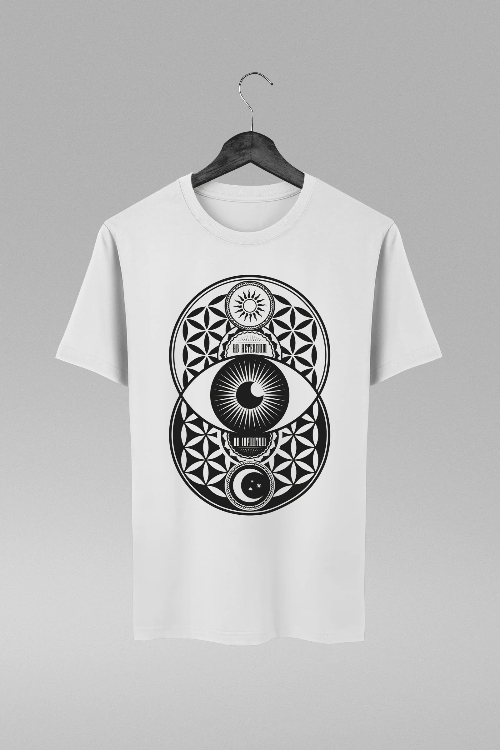 Camiseta branca com estampa da Vesica Piscis Geometria Sagrada