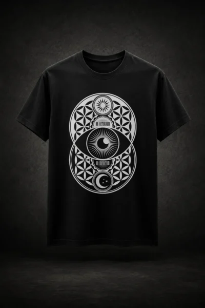 Camiseta preta com estampa da Vesica Piscis Geometria Sagrada