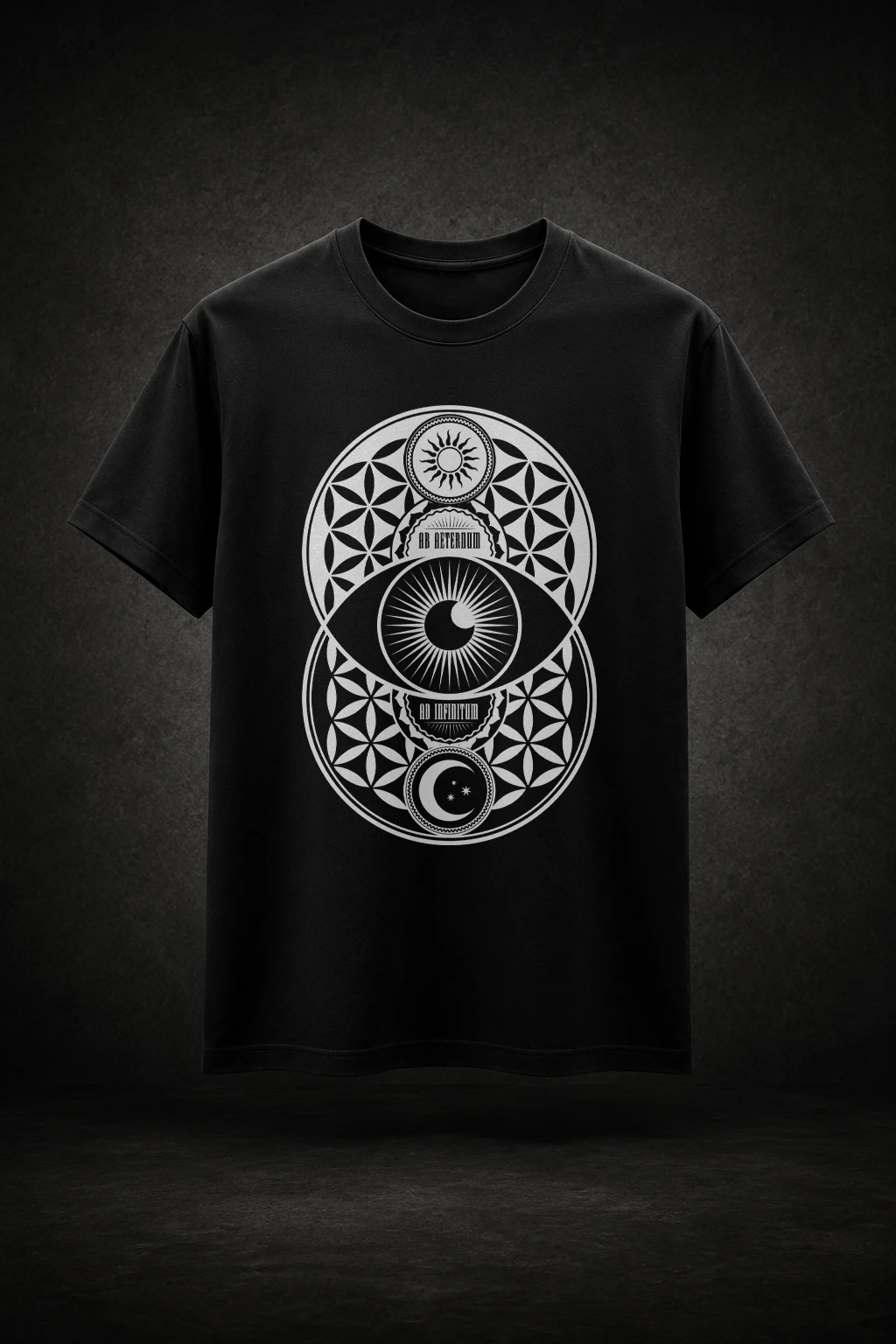 Camiseta preta com estampa da Vesica Piscis Geometria Sagrada