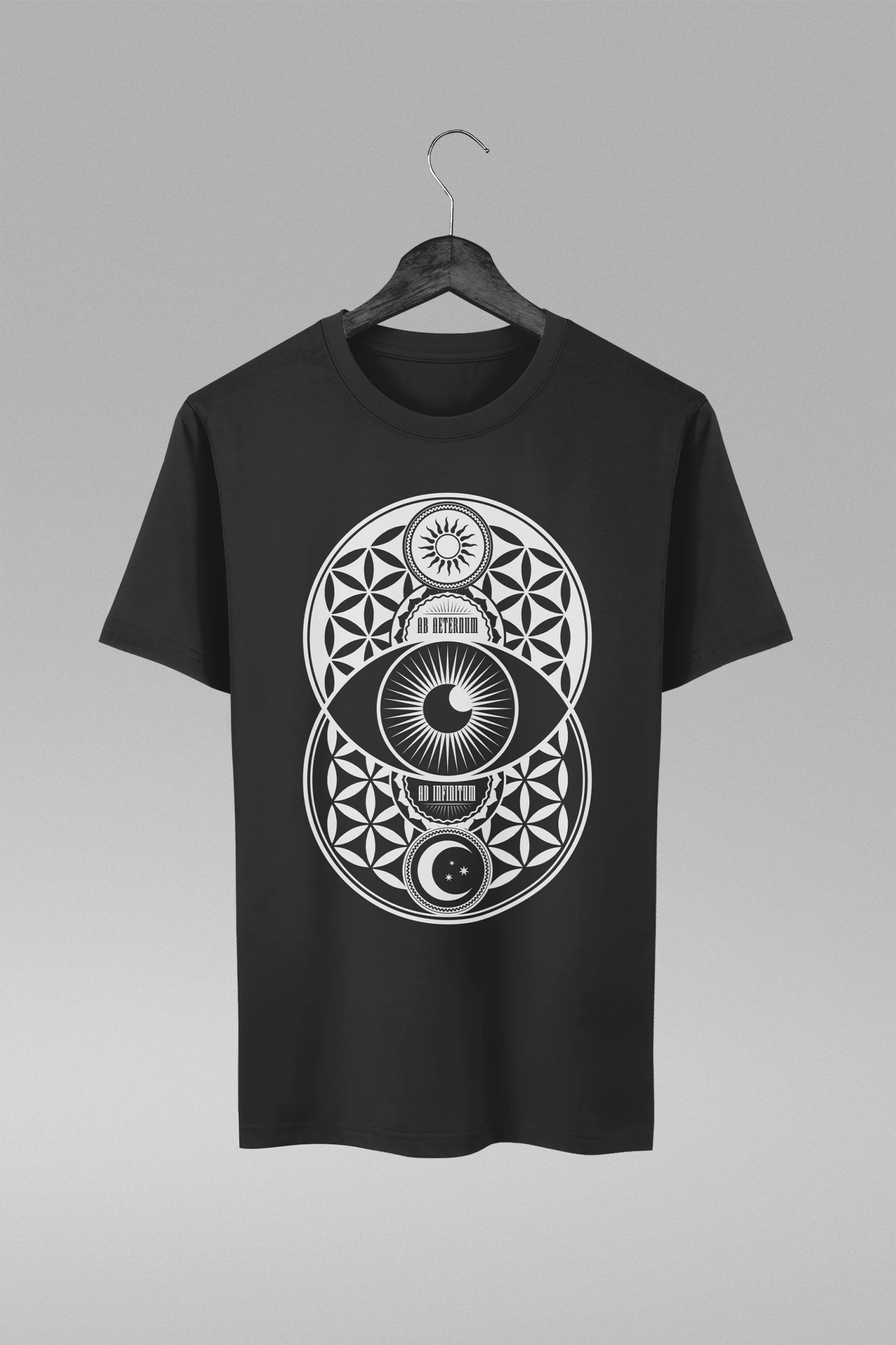 Camiseta preta com estampa da Vesica Piscis Geometria Sagrada