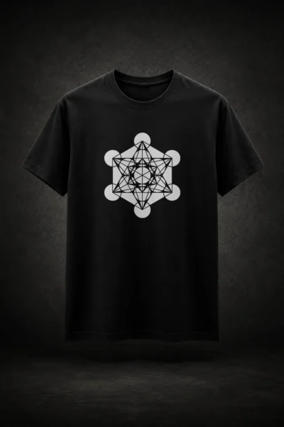 Camiseta preta com estampa do Cubo de Metatron Geometria Sagrada