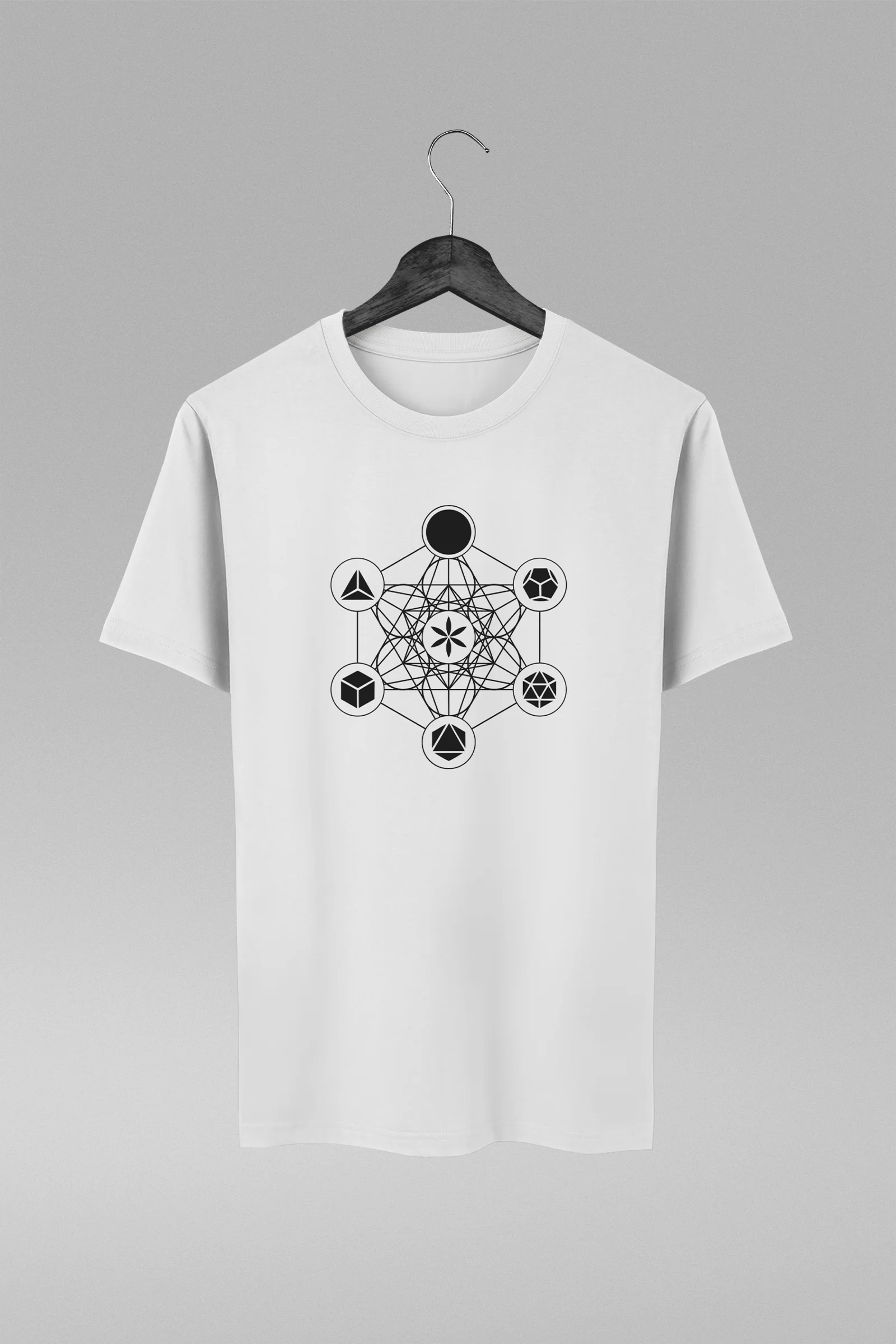 Camiseta branca com estampa do Cubo de Metatron Sólidos Geométricos Geometria Sagrada
