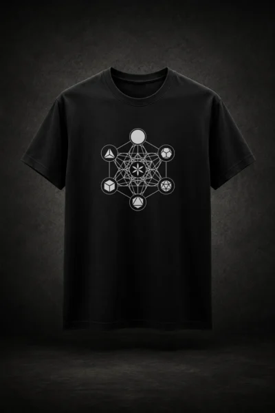 Camiseta preta com estampa do Cubo de Metatron Sólidos Geométricos Geometria Sagrada