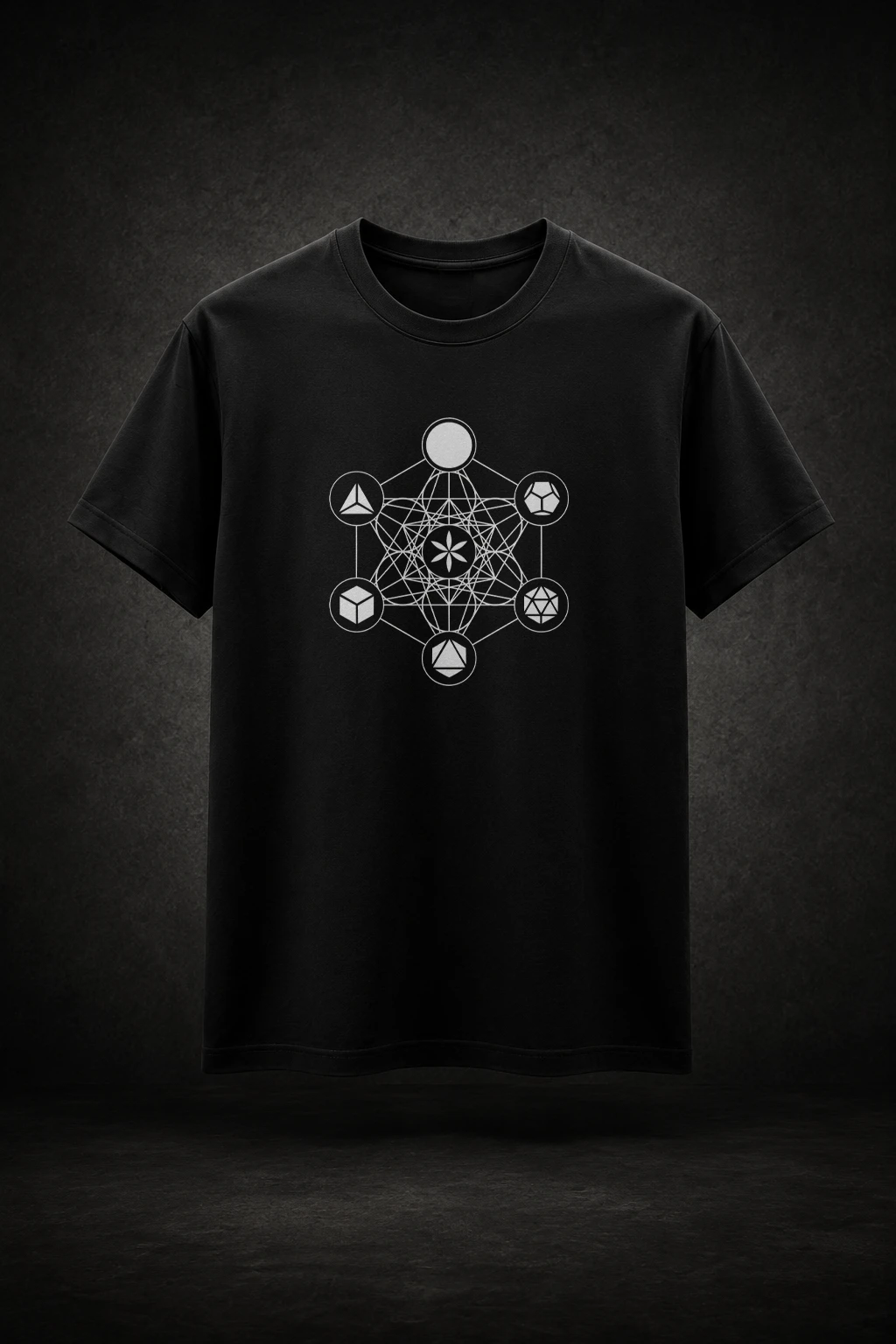 Camiseta preta com estampa do Cubo de Metatron Sólidos Geométricos Geometria Sagrada