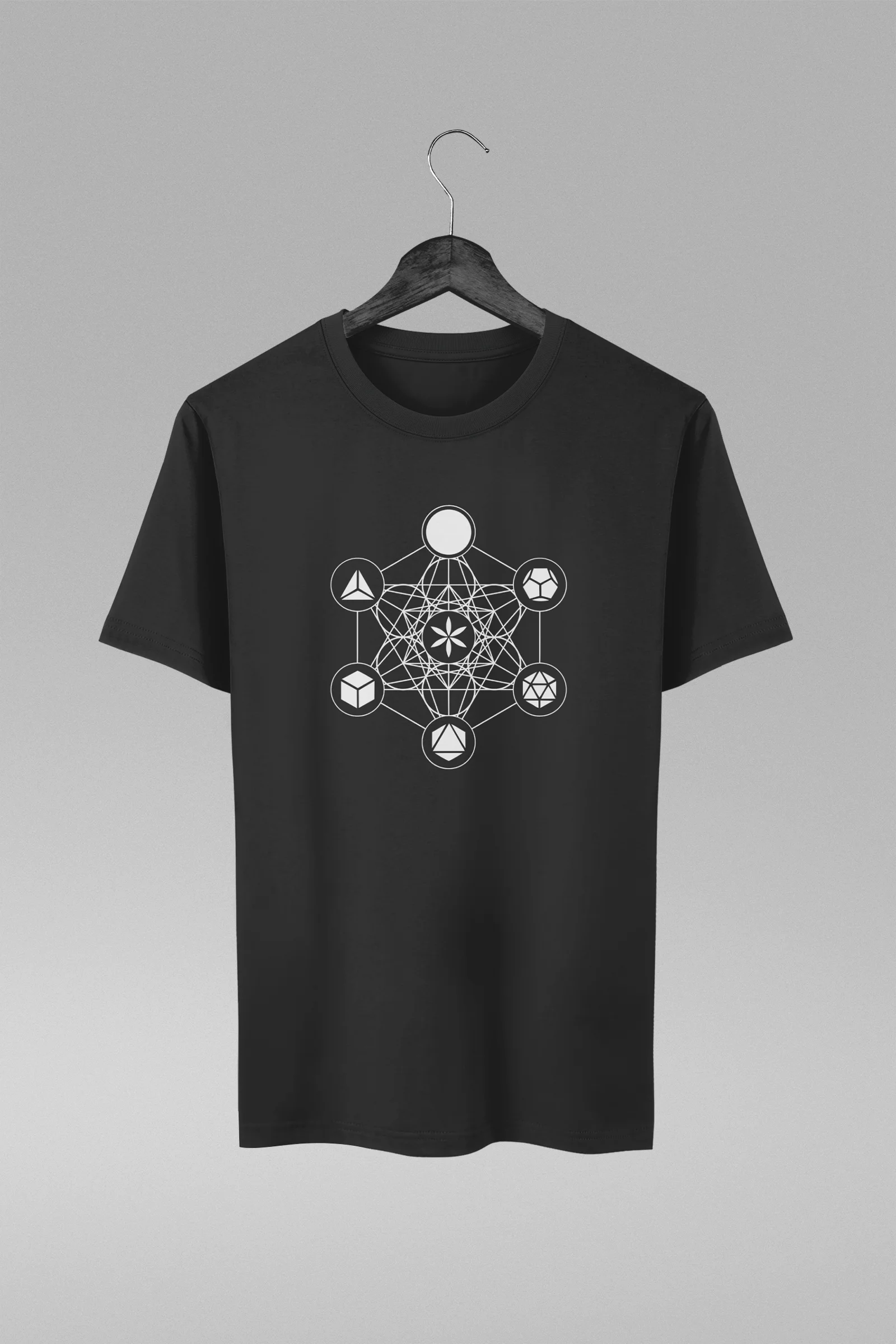 Camiseta preta com estampa do Cubo de Metatron Sólidos Geométricos Geometria Sagrada