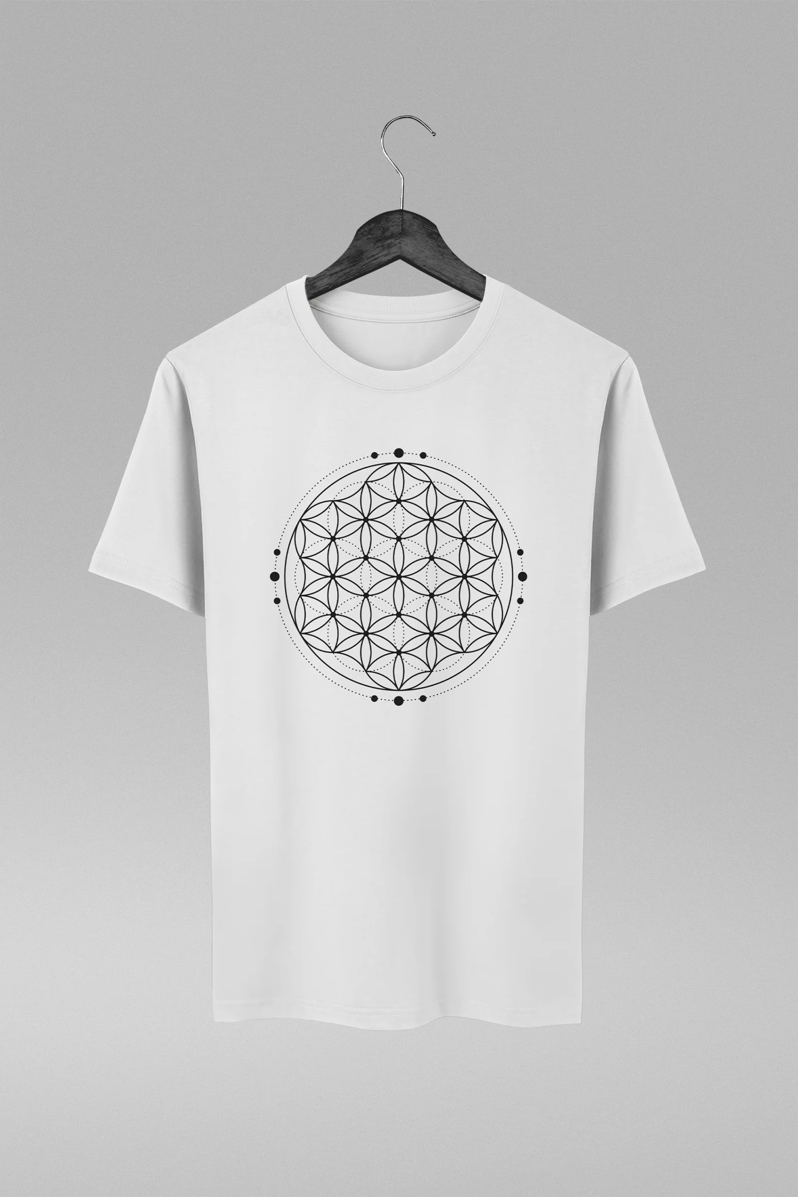 Camiseta branca com estampa da Flor da Vida Geometria Sagrada