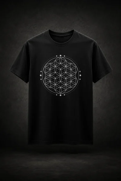 Camiseta preta com estampa da Flor da Vida Geometria Sagrada