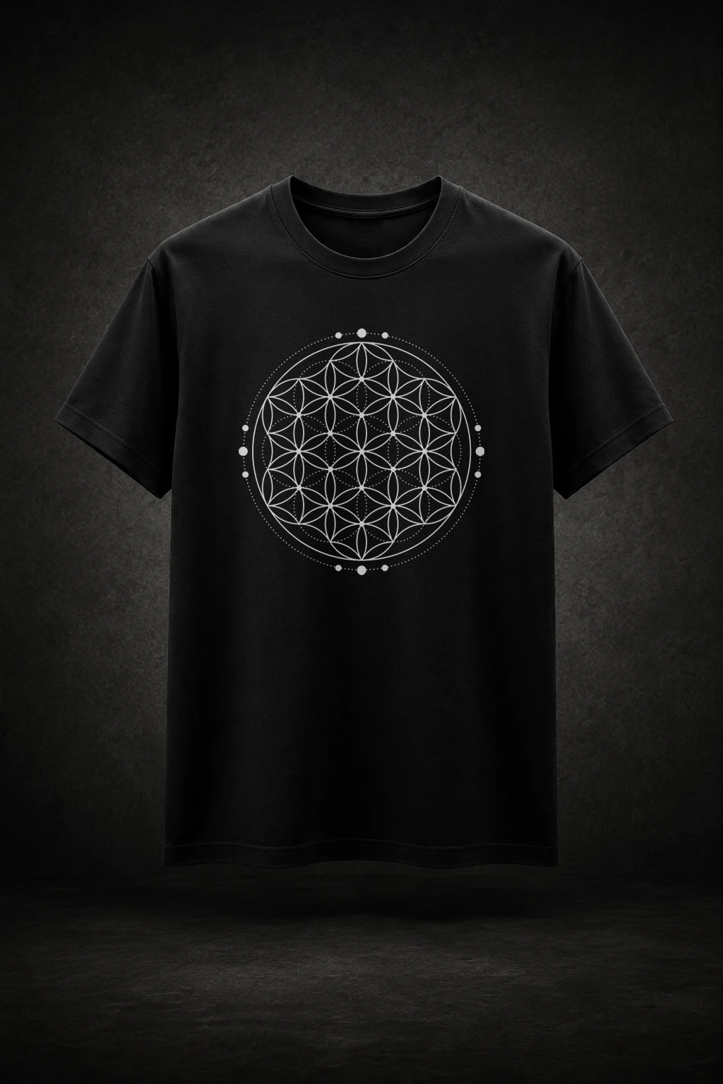 Camiseta preta com estampa da Flor da Vida Geometria Sagrada