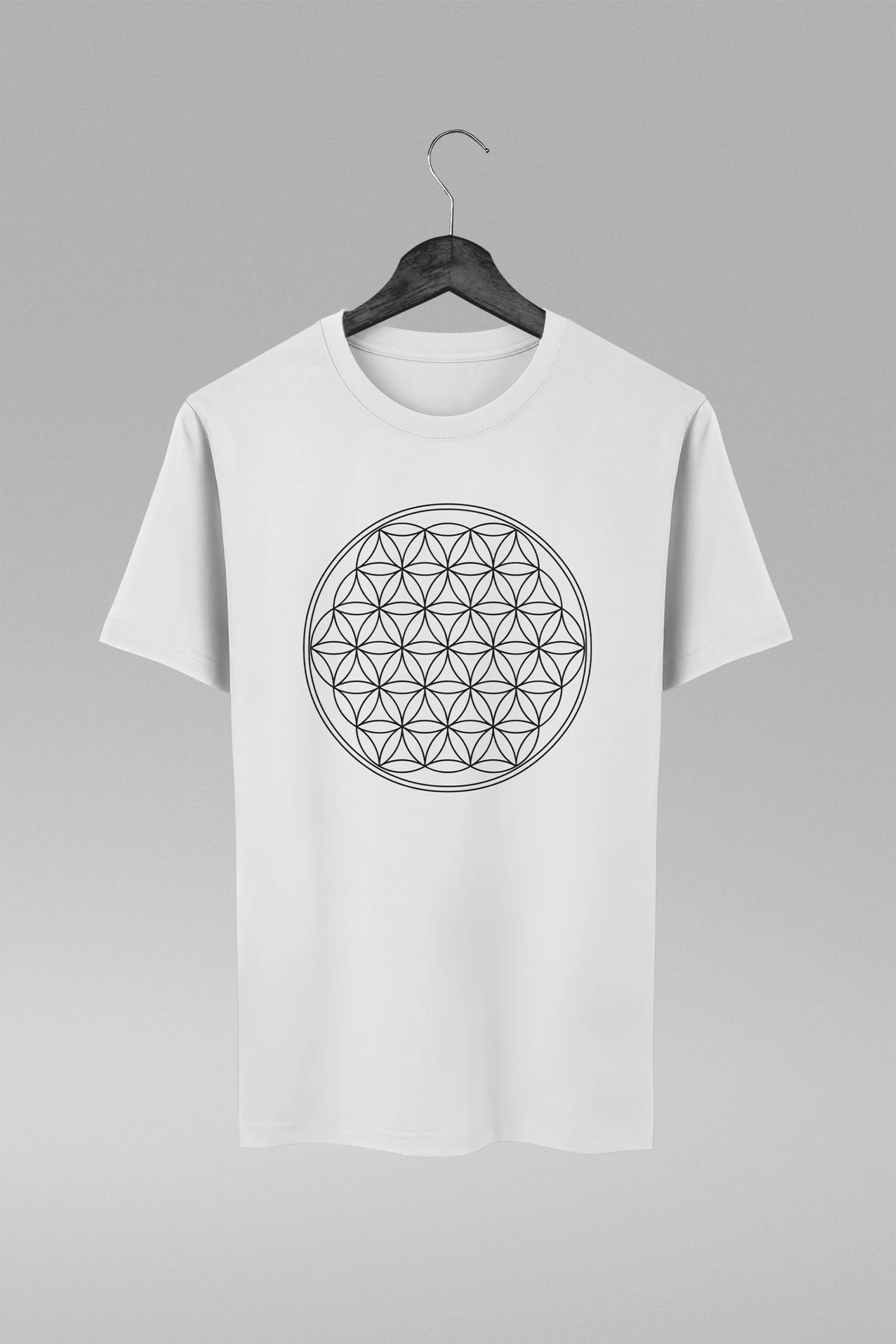 Camiseta branca com estampa da Flor da Vida Geometria Sagrada