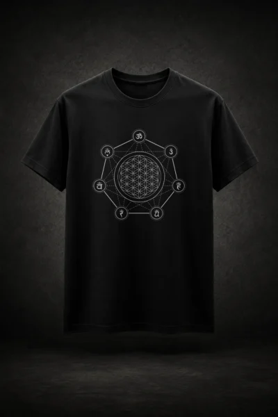 Camiseta preta com estampa da Flor da Vida + Chakras Geometria Sagrada