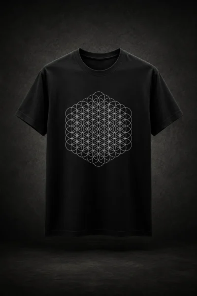 Camiseta preta com estampa da Flor da Vida Geometria Sagrada