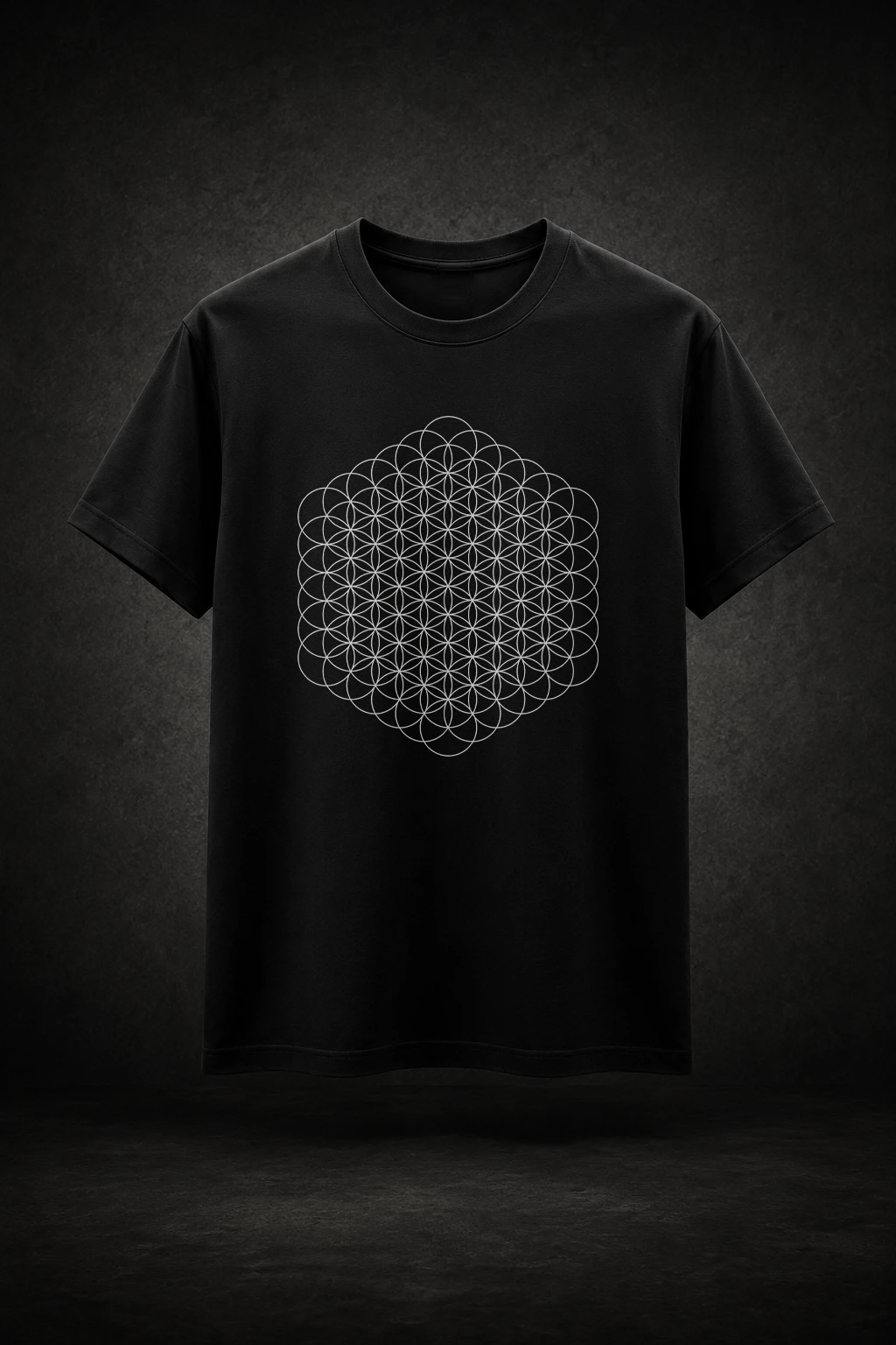 Camiseta preta com estampa da Flor da Vida Geometria Sagrada