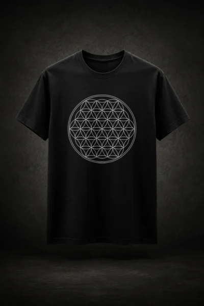 Camiseta preta com estampa da Flor da Vida Geometria Sagrada