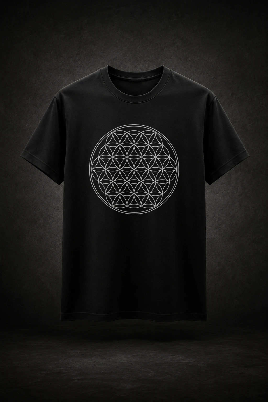 Camiseta preta com estampa da Flor da Vida Geometria Sagrada