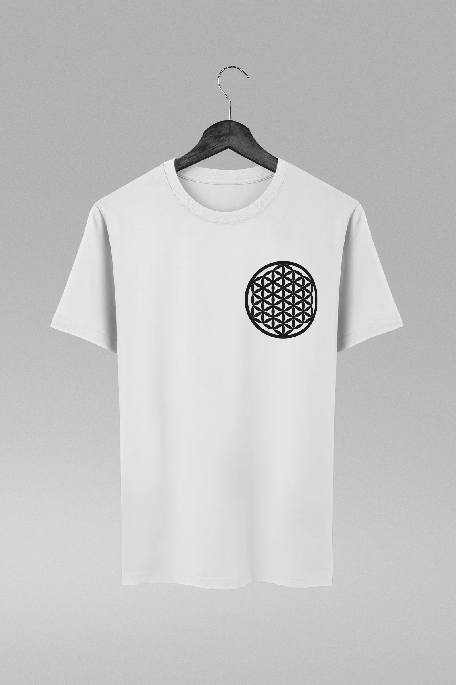 Camiseta branca com estampa da Flor da Vida Geometria Sagrada