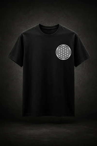 Camiseta preta com estampa da Flor da Vida Geometria Sagrada