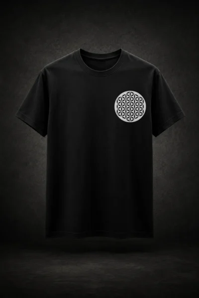 Camiseta preta com estampa da Flor da Vida Geometria Sagrada