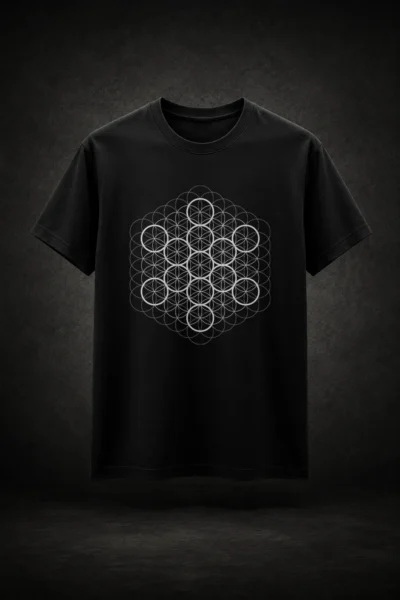 Camiseta preta com estampa do Fruto da Vida Geometria Sagrada