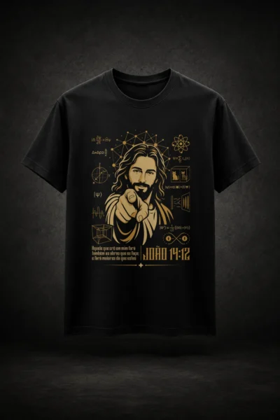 Camiseta preta com estampa de Jesus, João 14:12 e referências à física quântica