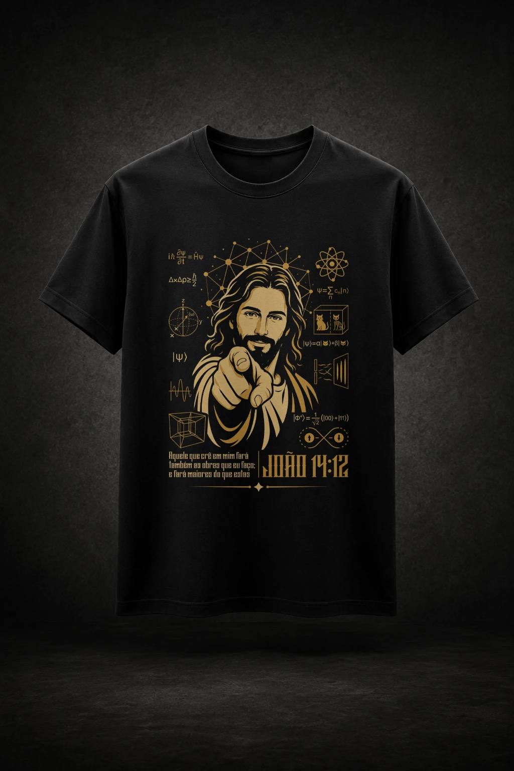 Camiseta preta com estampa de Jesus, João 14:12 e referências à física quântica