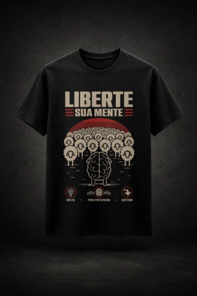 Camiseta preta com estampa inspirada no conceito de libertação da mente