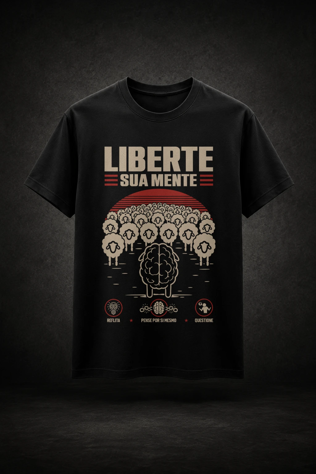 Camiseta preta com estampa inspirada no conceito de libertação da mente
