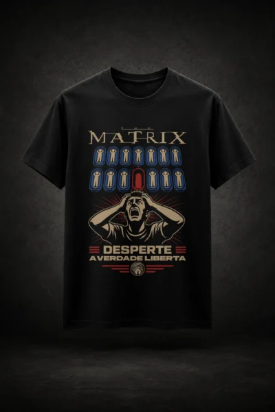 Camiseta preta com estampa conceitual inspirada em Matrix e na Red Pill