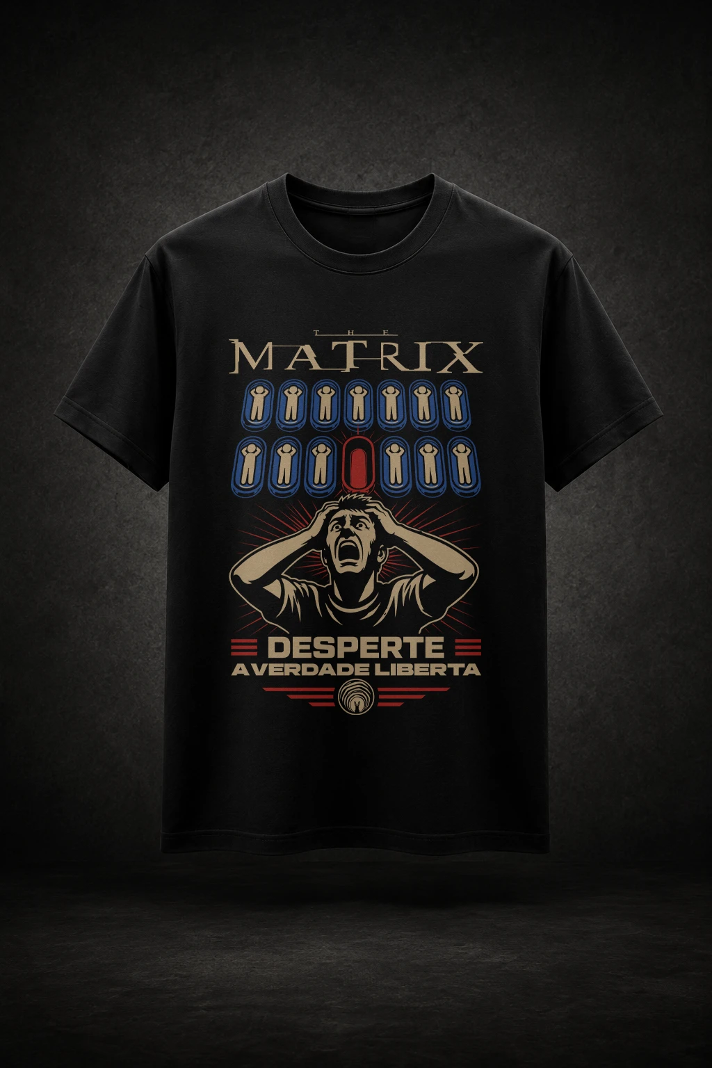 Camiseta preta com estampa conceitual inspirada em Matrix e na Red Pill