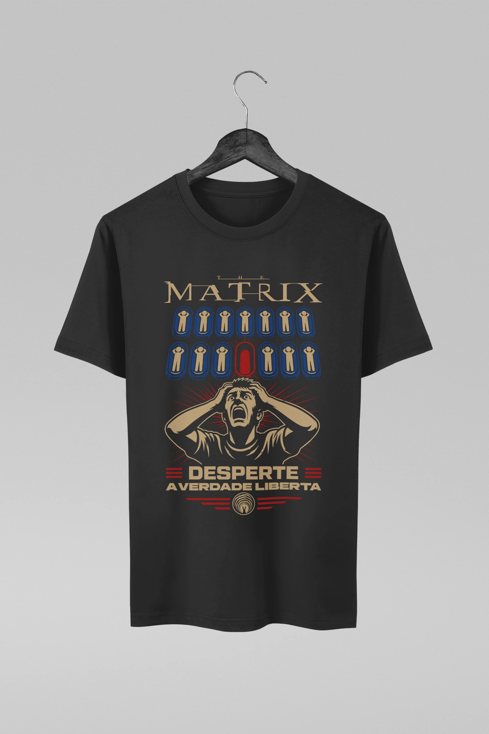 Camiseta preta com estampa conceitual inspirada em Matrix e na Red Pill