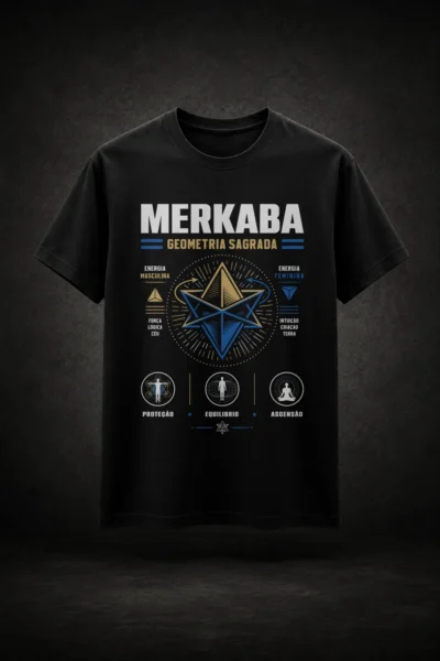 Camiseta preta com estampa de Merkabah e equilíbrio entre energias masculina e feminina