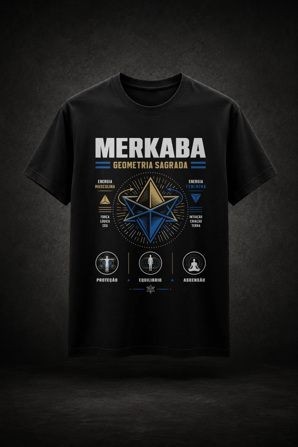 Camiseta preta com estampa de Merkabah e equilíbrio entre energias masculina e feminina
