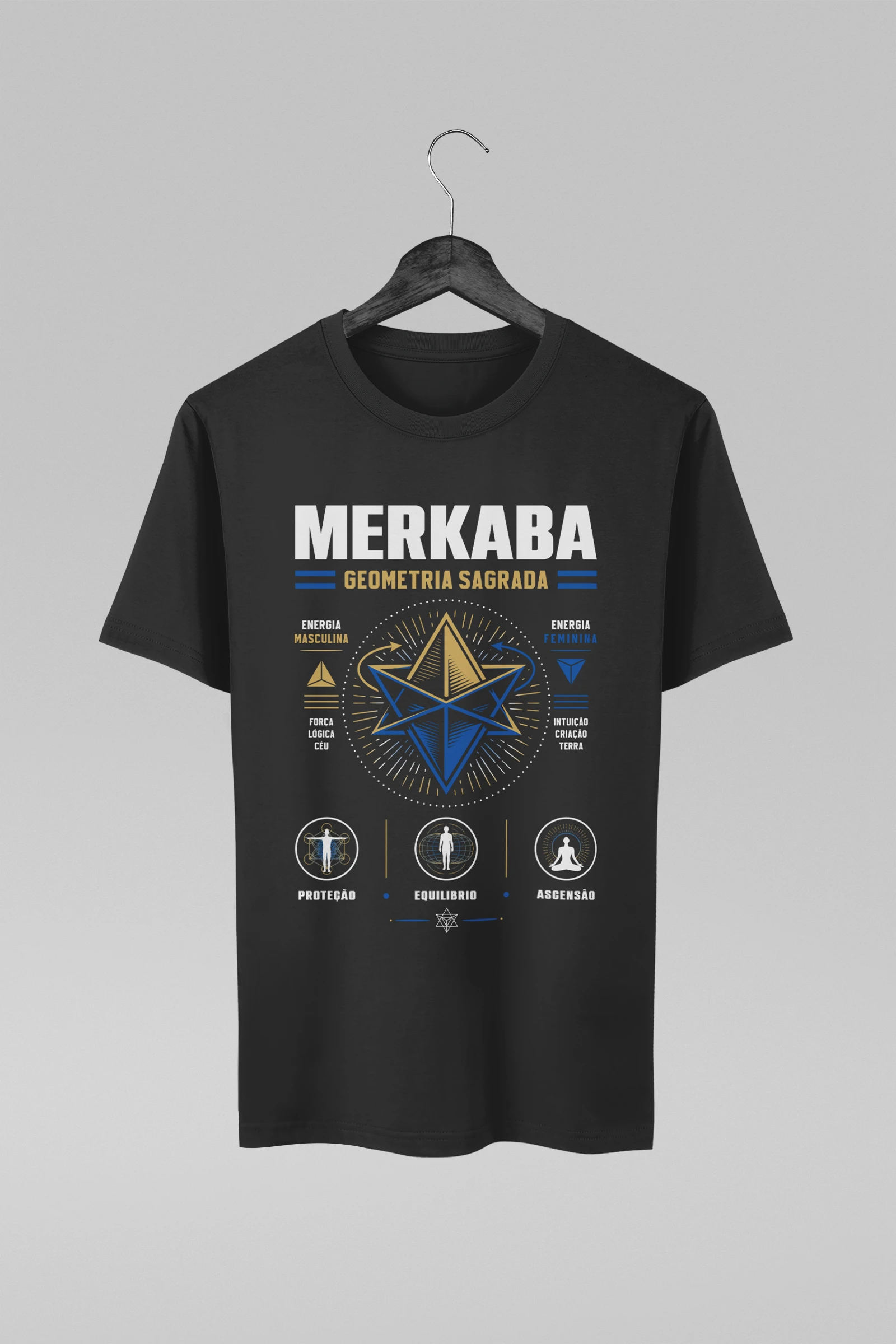 Camiseta preta com estampa de Merkabah e equilíbrio entre energias masculina e feminina