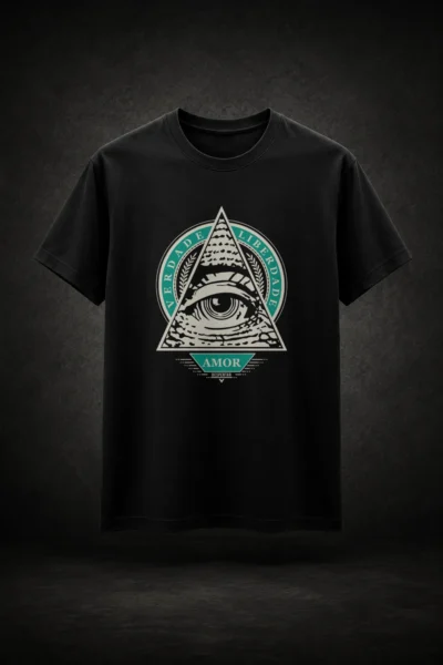 Camiseta preta com estampa do Olho da Providência e tema do despertar da consciência