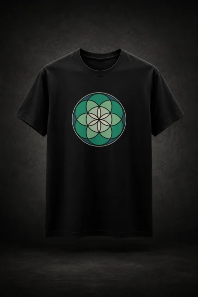 Camiseta preta com estampa da Semente da Vida Geometria Sagrada
