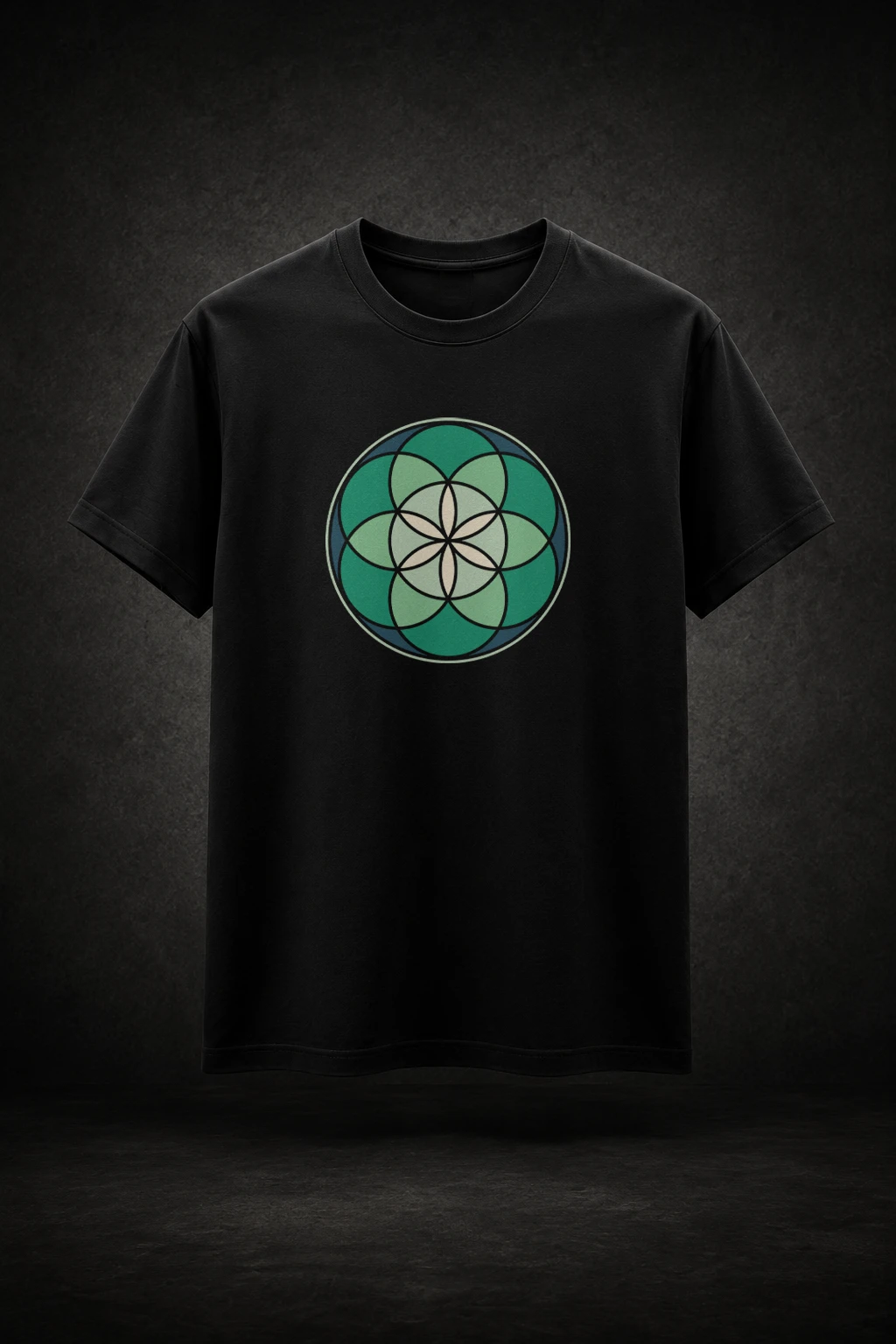 Camiseta preta com estampa da Semente da Vida Geometria Sagrada