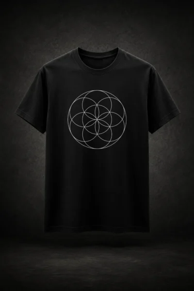 Camiseta preta com estampa da Semente da Vida Geometria Sagrada