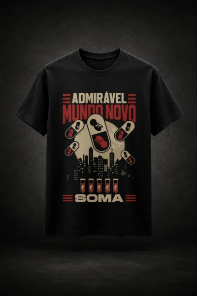 Camiseta preta com estampa inspirada em Admirável Mundo Novo e no Soma