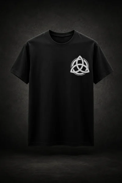 Camiseta preta com estampa da Trindade Geometria Sagrada