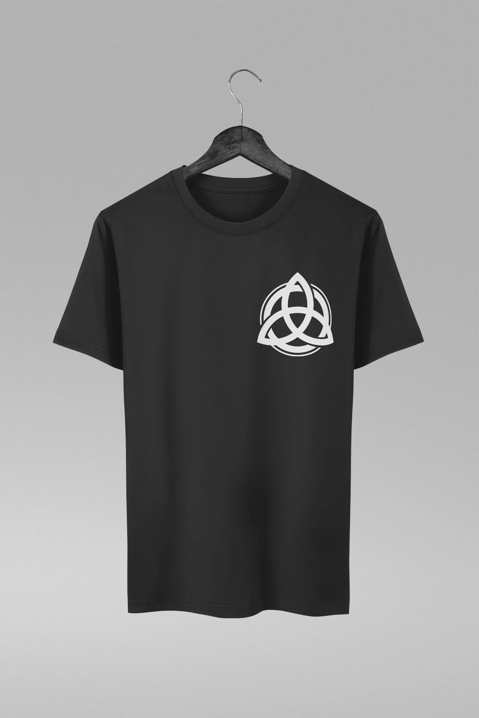 Camiseta preta com estampa da Trindade Geometria Sagrada