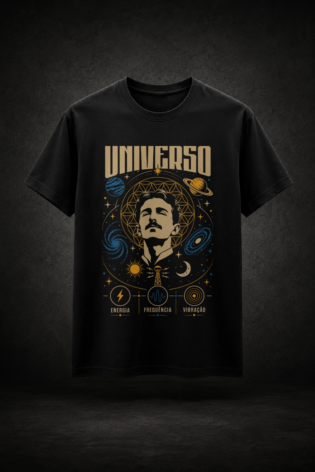 Camiseta preta com estampa Nikola tesla