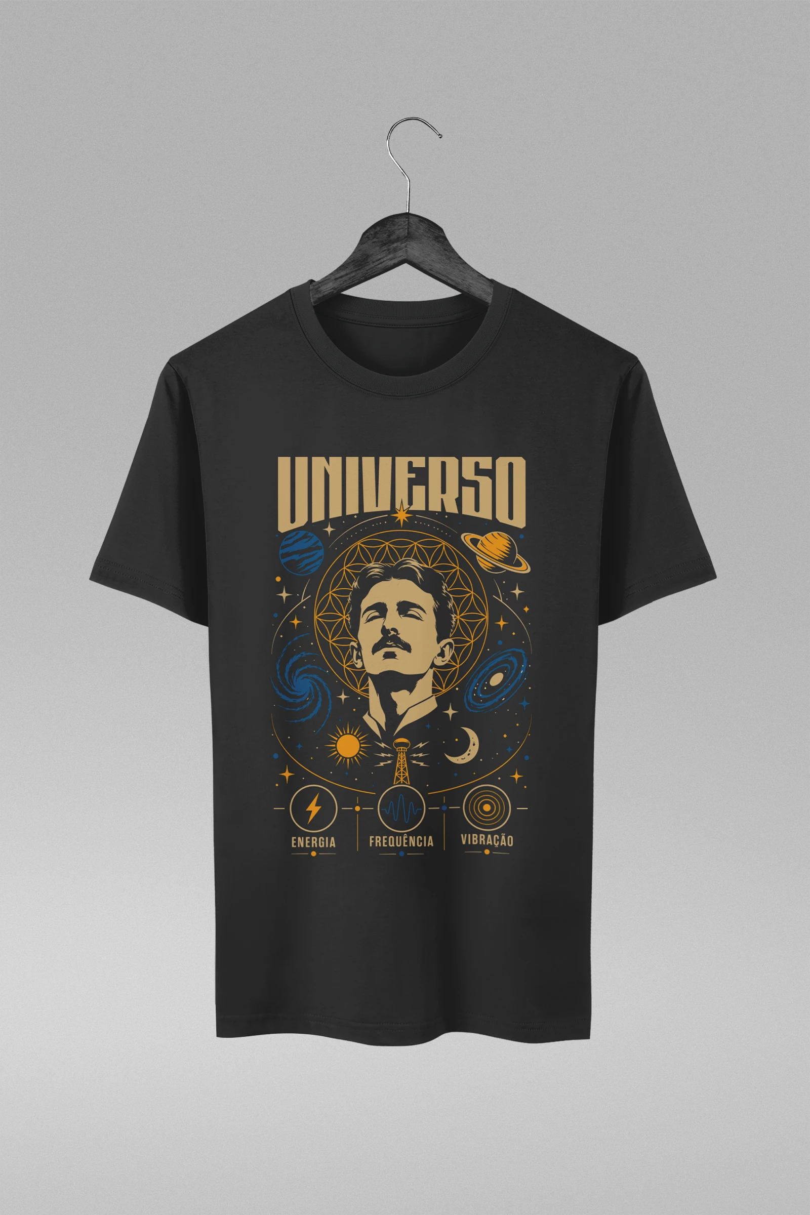 Camiseta preta com estampa Nikola tesla