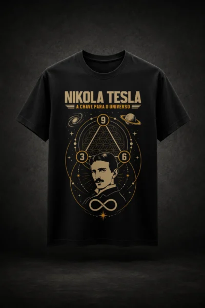 Camiseta preta com estampa A Chave Para O Universo Nikola tesla