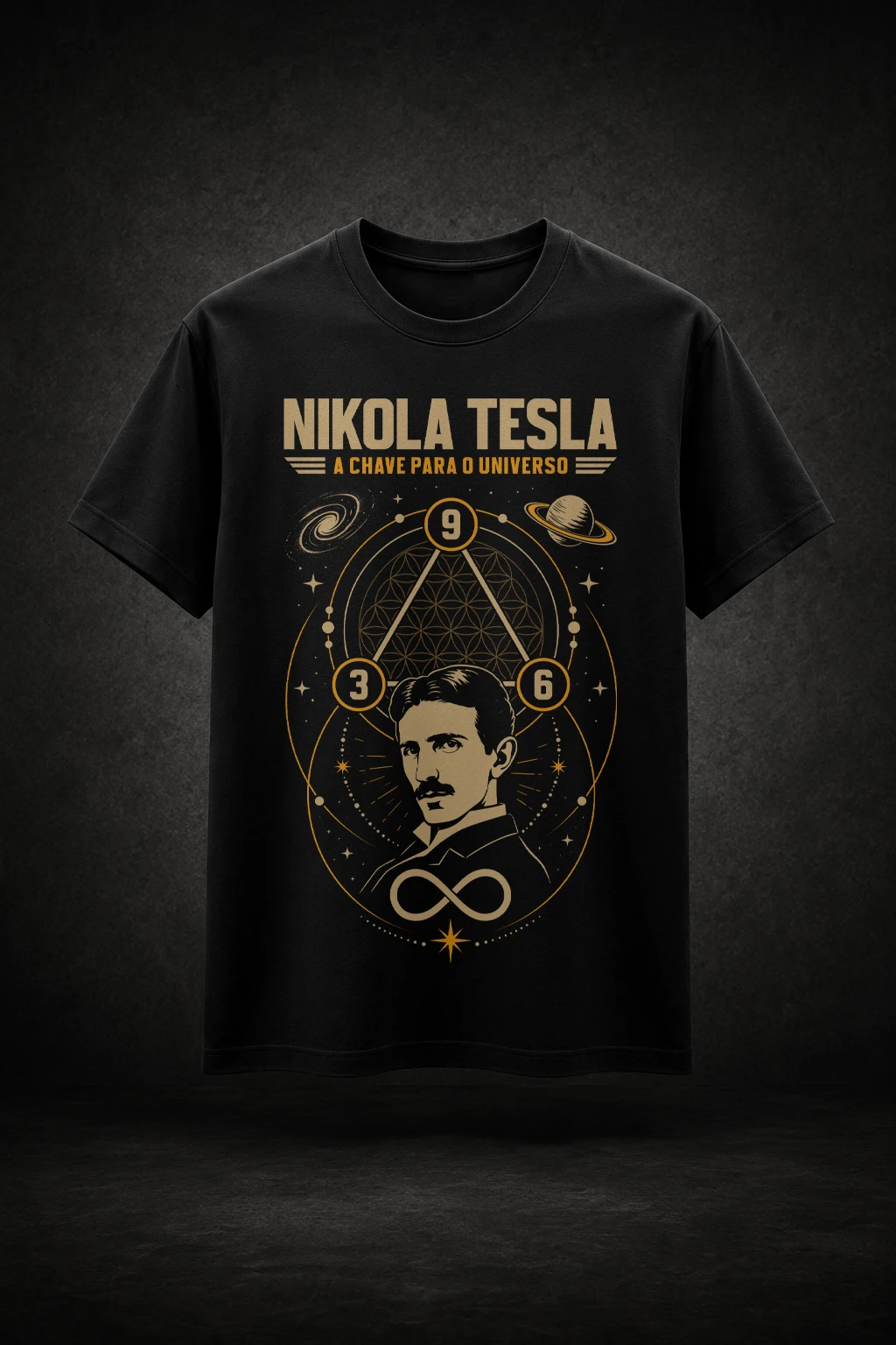 Camiseta preta com estampa A Chave Para O Universo Nikola tesla